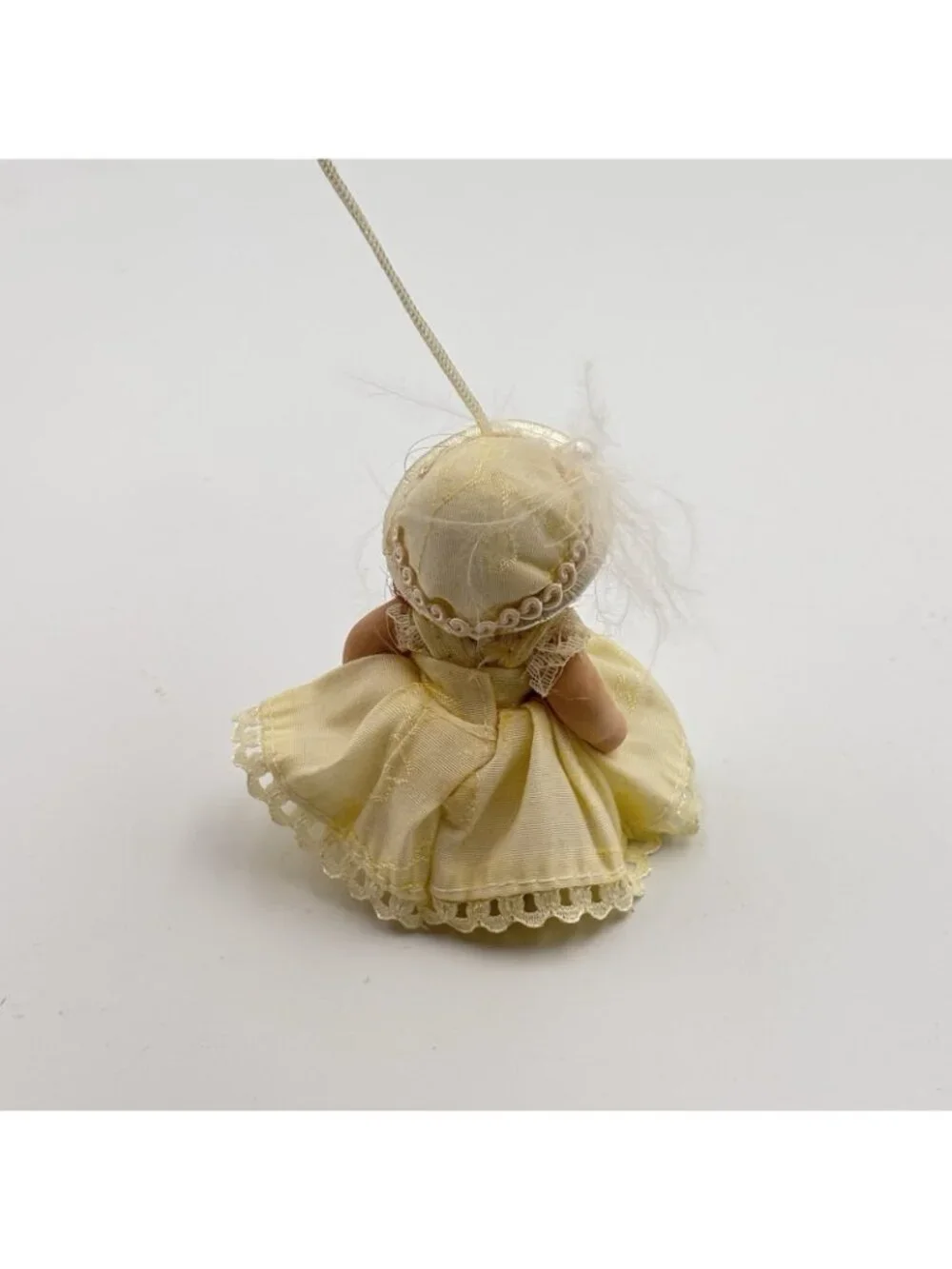 Miniature Porcelain Victorian Doll Christmas Ornament Cream Dress Beaded Hat 2”